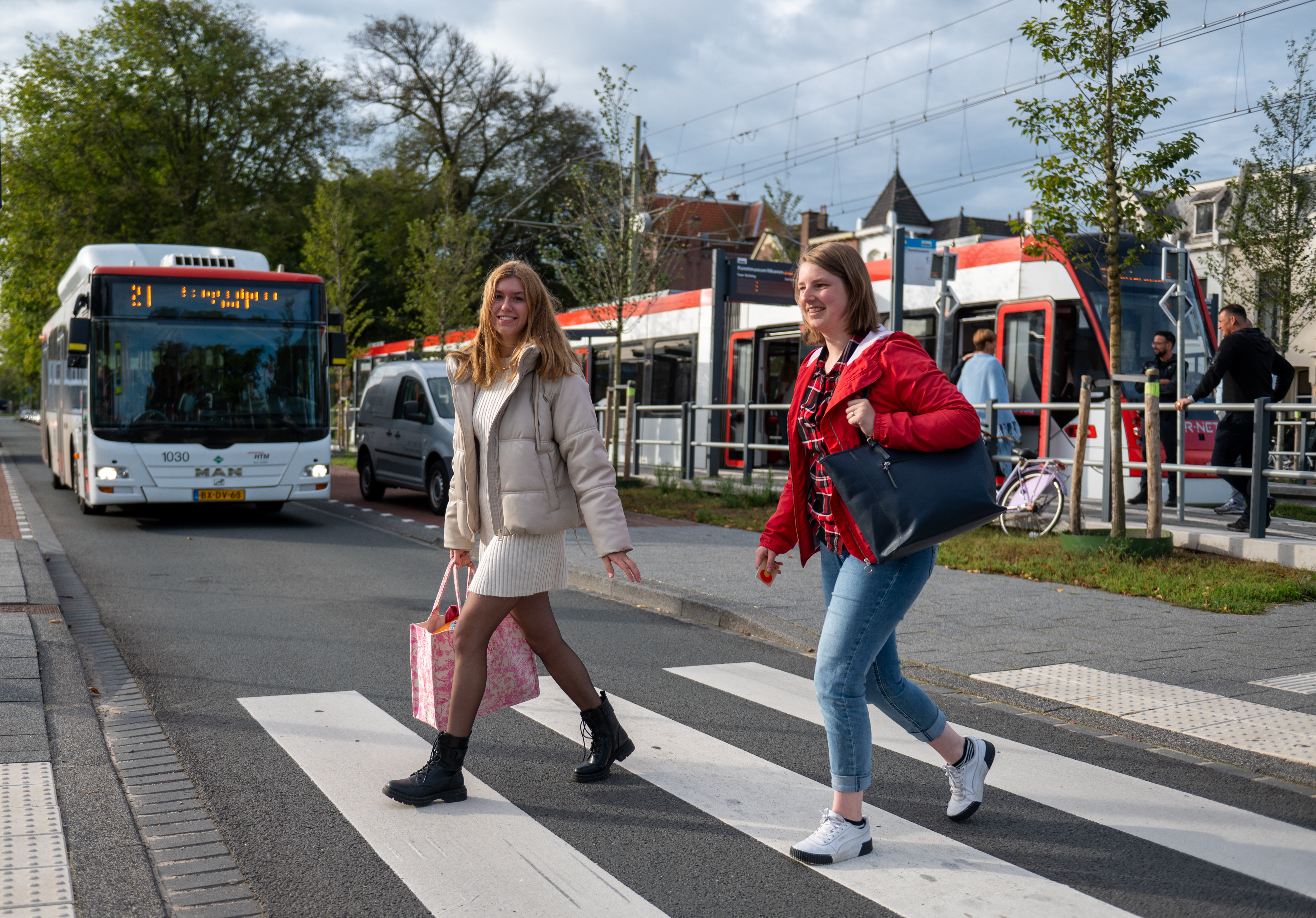 Reigers steken de straat over naast HTM tramhalte