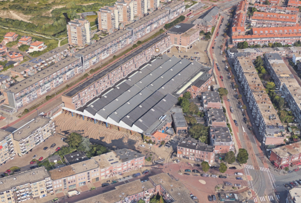 Bovenaanzicht van de remise Scheveningen